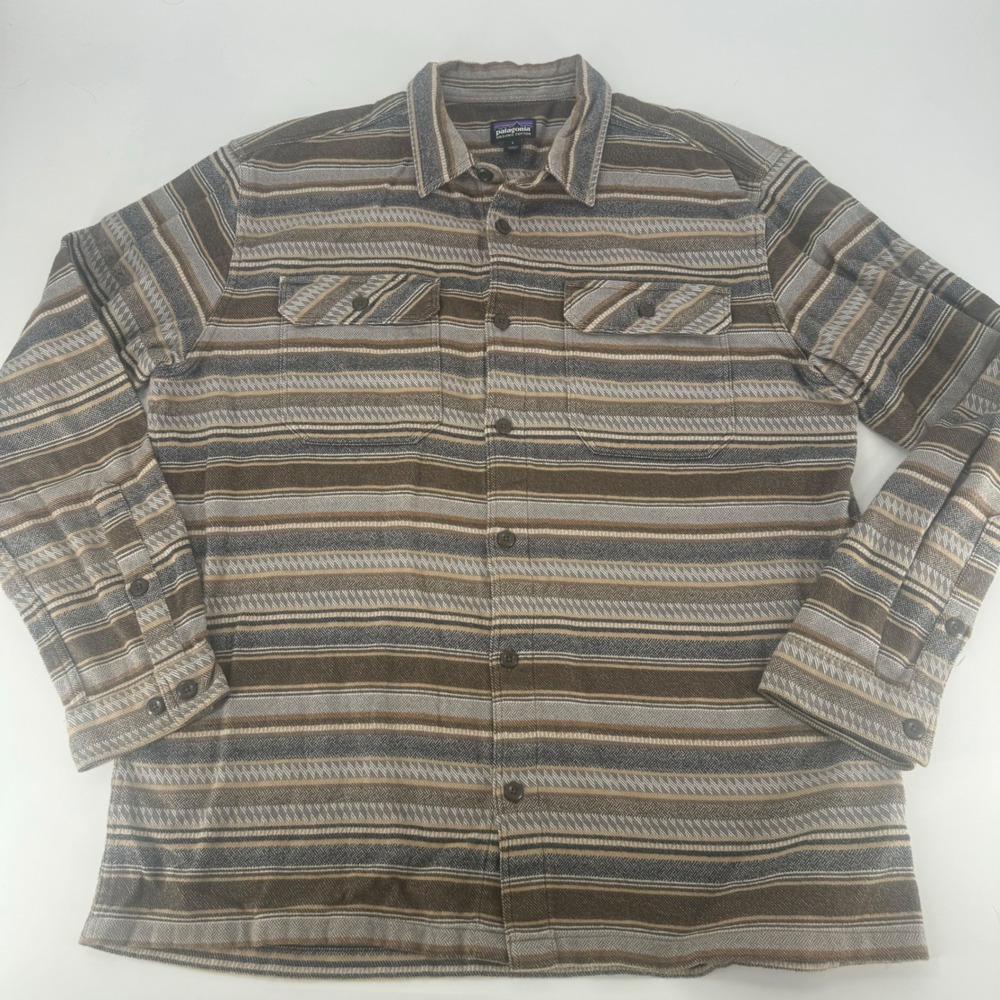 Patagonia Mens Organic Cotton Striped Long Sleeve Button Down Shirt Brown Large
